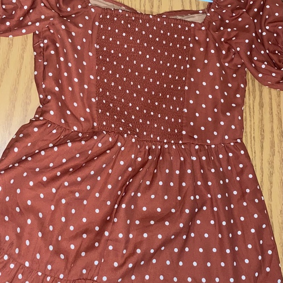 Polka Dotted Flare Pleated Fall Dress with Puffed Sleeves - Picture 4 of 5
